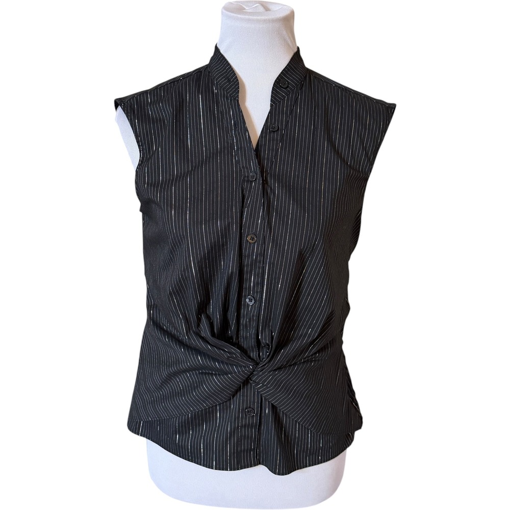 White House Black Market Blouse Women 6 Black Pinstripe Twist Front Sleeveless‎
